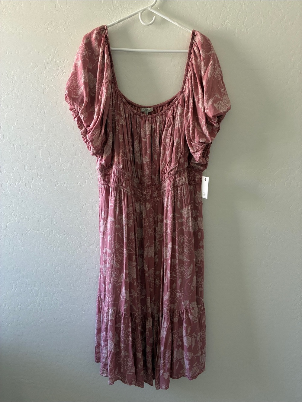 Angels Dusty Rose Floral Midi Dress with Puff Sleeves